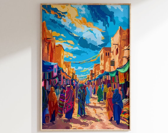 Colorful Street Bazaar with Adobe Buildings and Robed Figures Poster