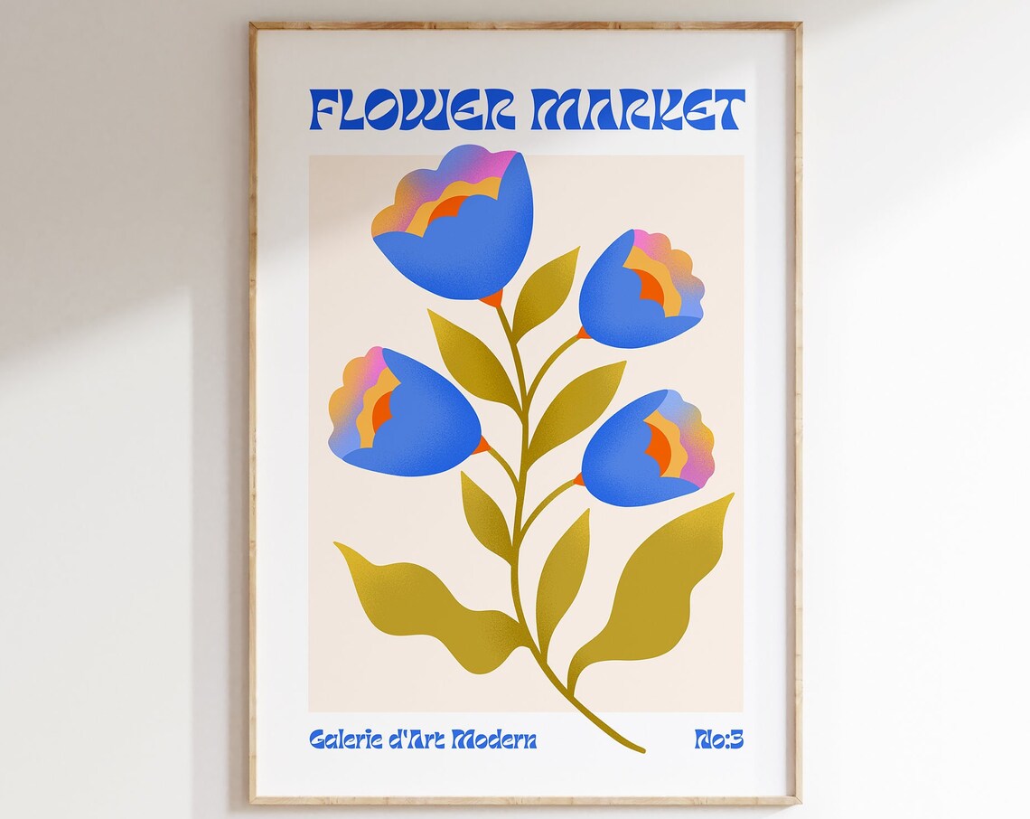 Flower Market Blue Poppy Bloom Gold Leaves Groovy Modern Art Poster