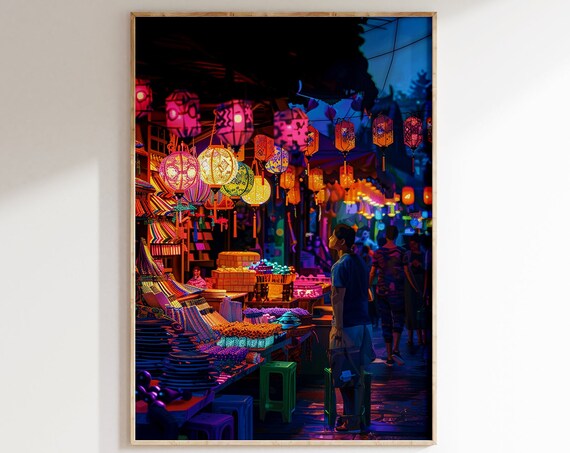 Asian Night Market Lanterns Colorful Evening Street Art Poster