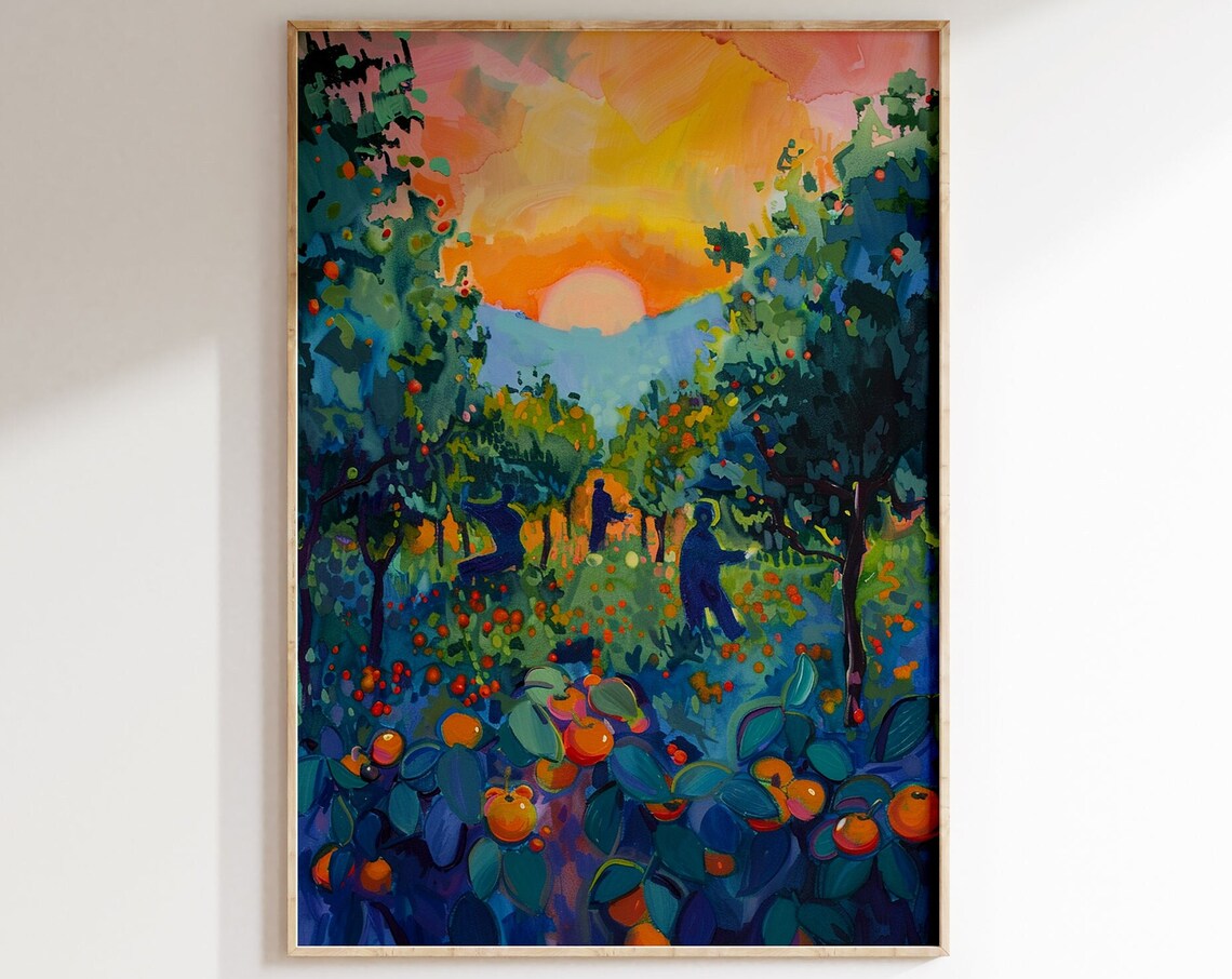 Sunset Orange Orchard Pickers Ripe Fruit Grove Painting Poster