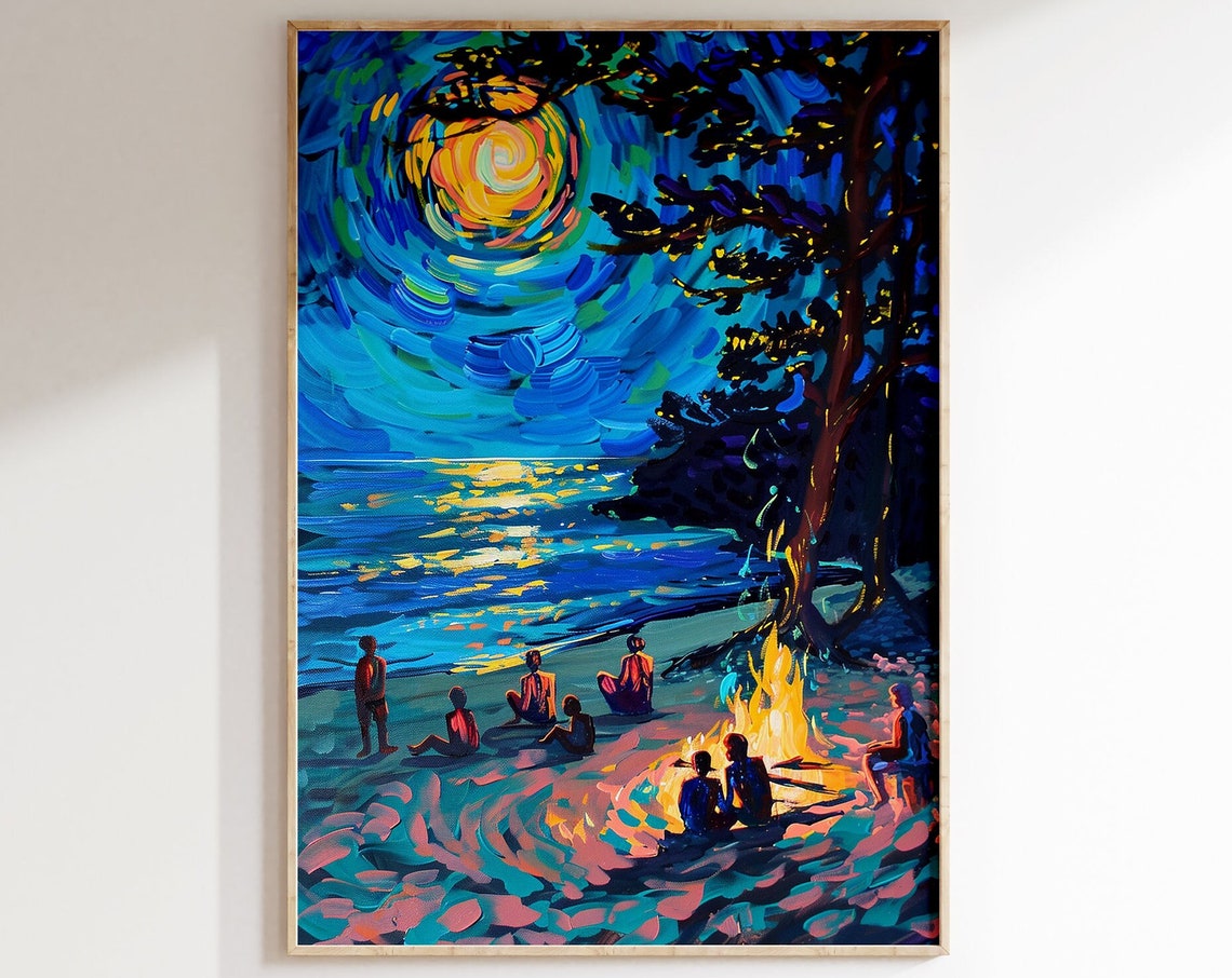 Night Beach Campfire with Friends Under Bright Moon Art Poster - Image 5