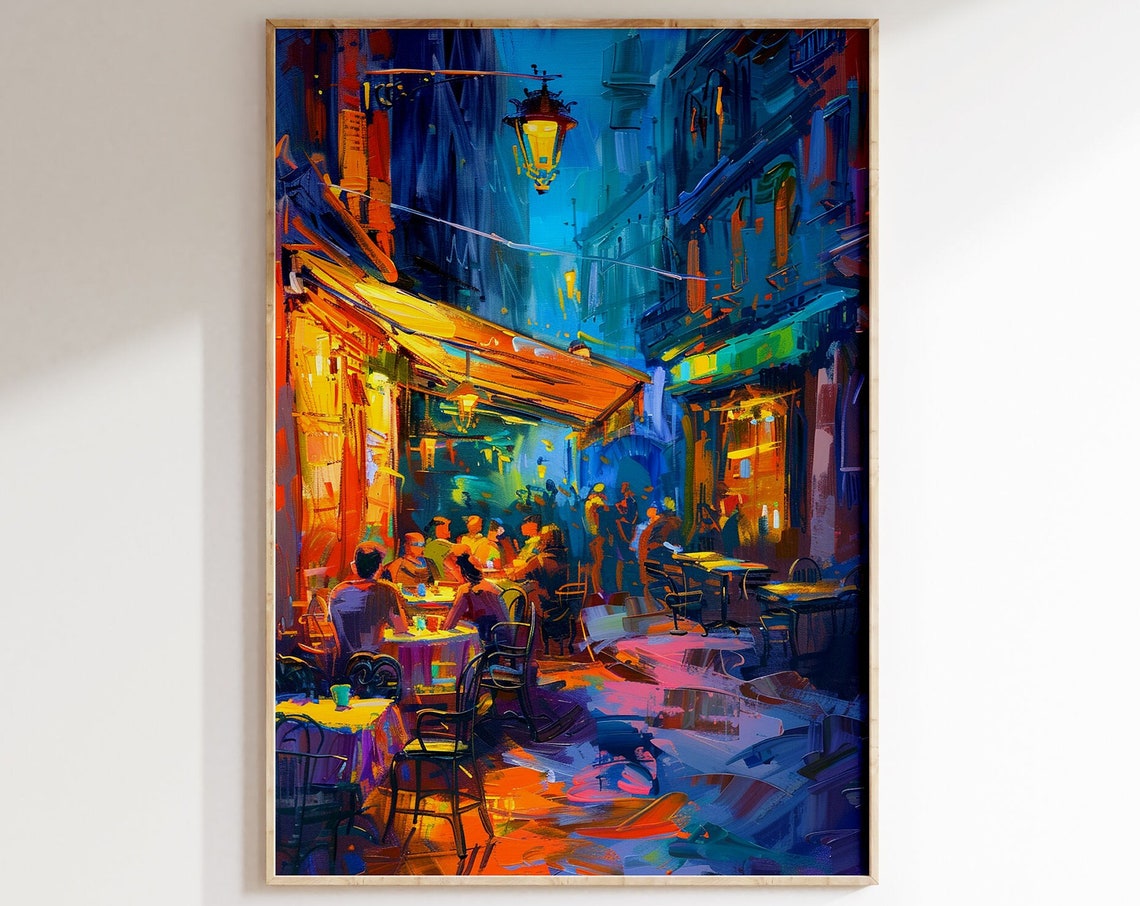 Night Cafe Street Scene with Diners and Colorful Lights Art Poster - Image 5