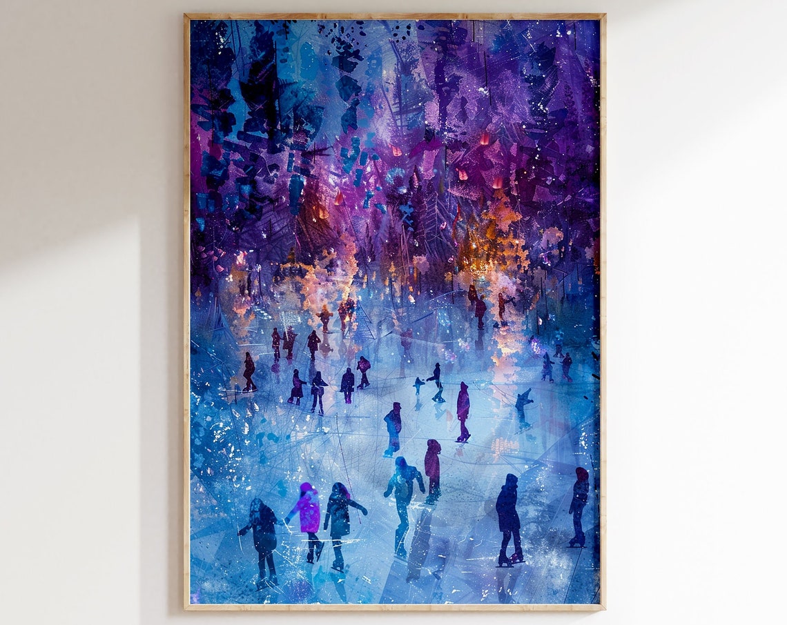 Night Ice Skating Crowd Under Purple Starry Sky Painterly Art Poster