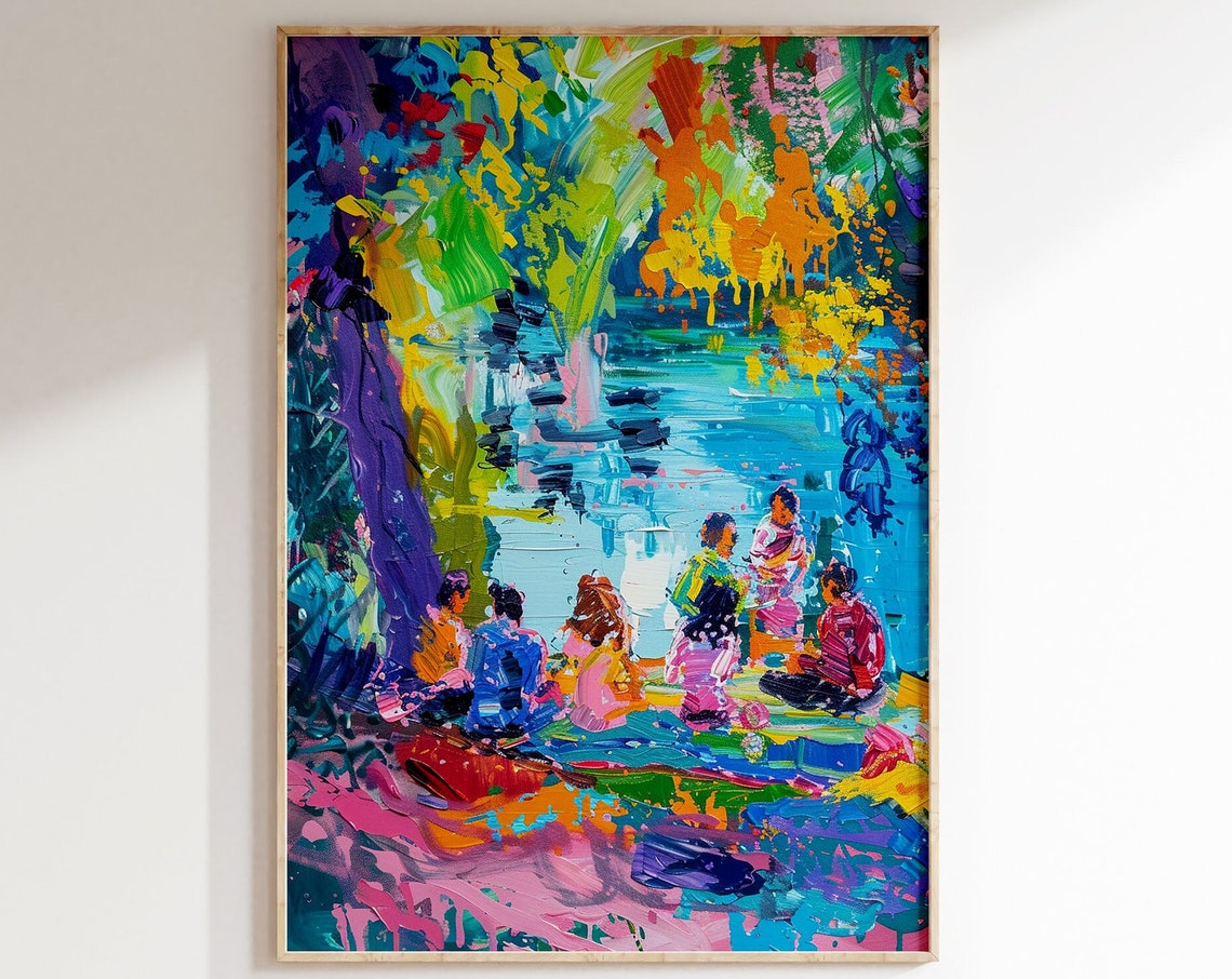 Lakeside Picnic Friends Under Colorful Trees Painting Poster