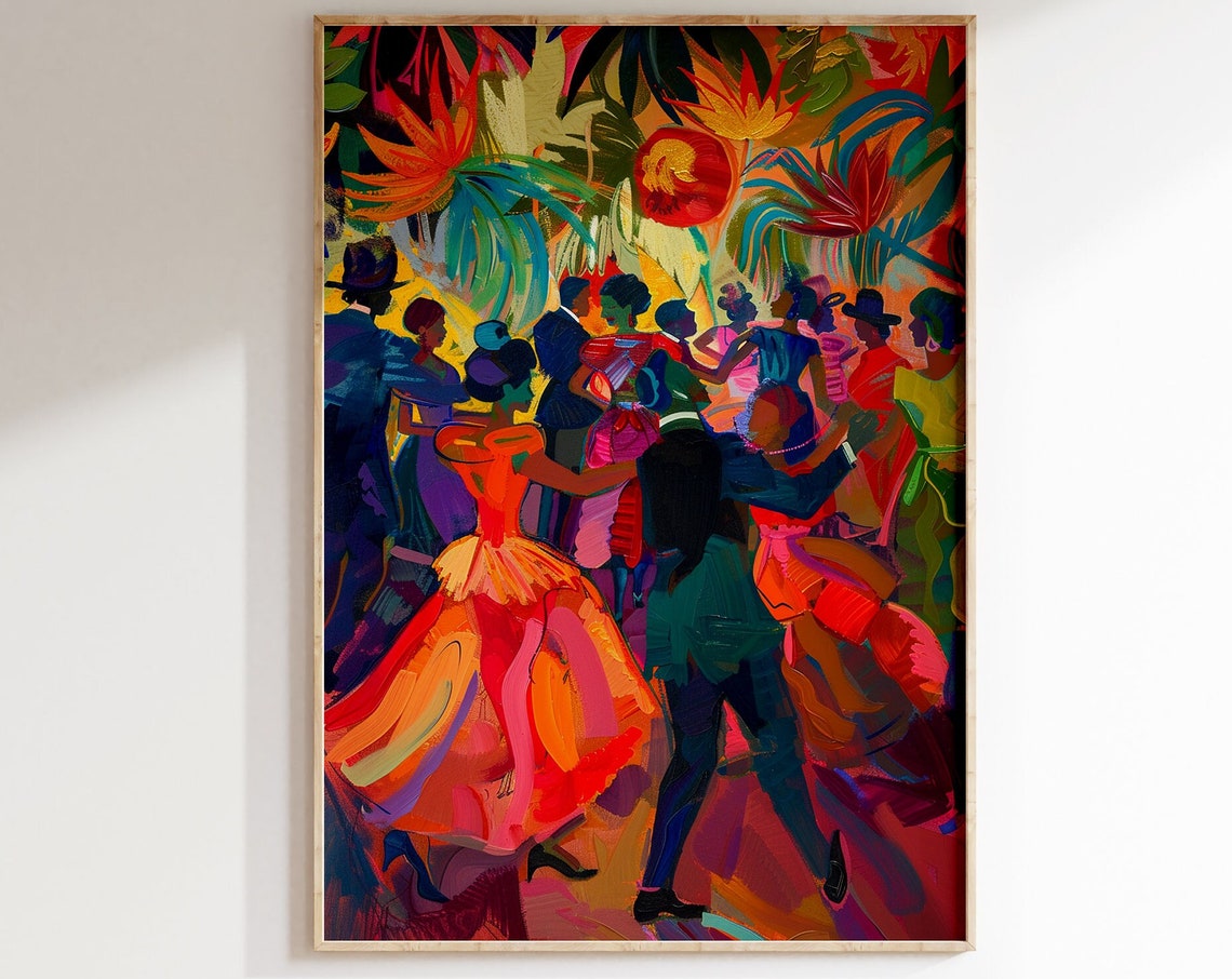 Tropical Salsa Dance Party Couples Palm Leaves Vibrant Poster