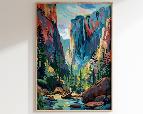 Waterfall Canyon Valley Colorful Cliffs and Stream Illustration Poster