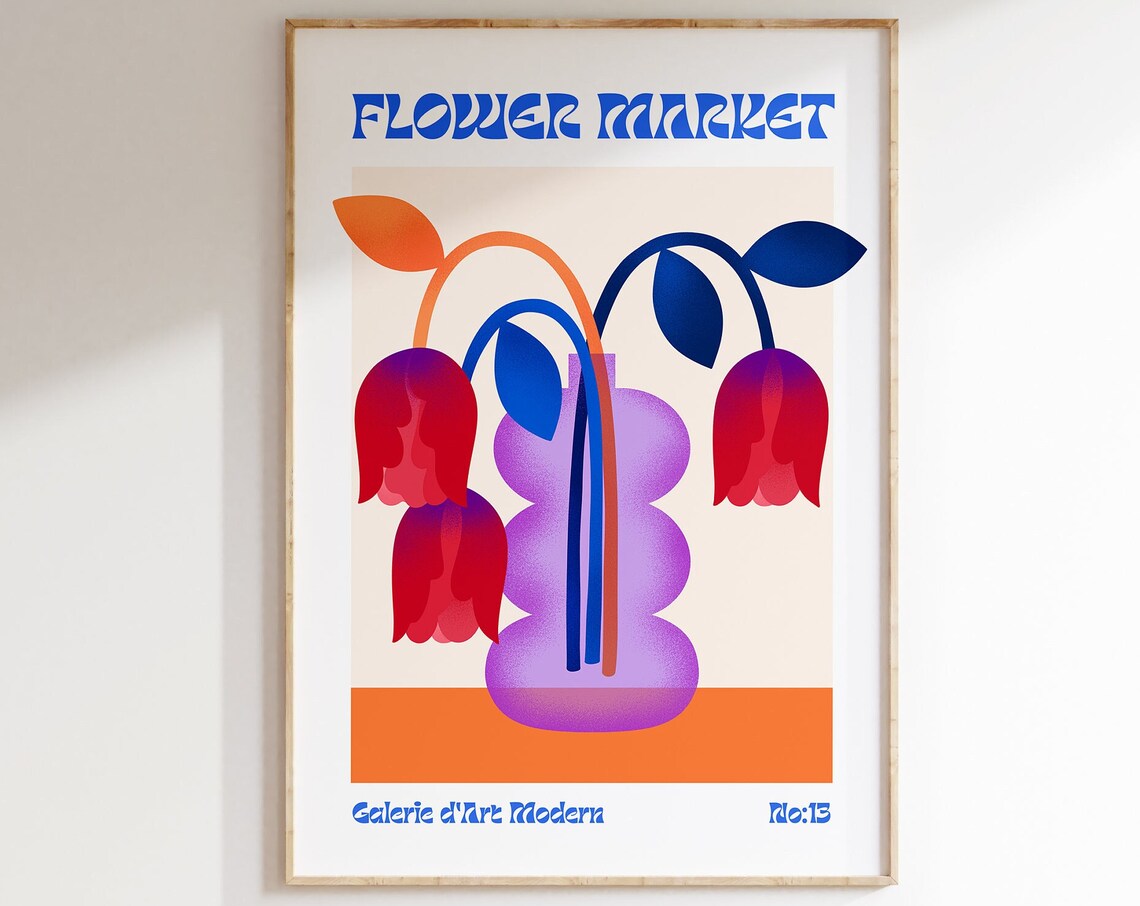 Flower Market No 13 Red Bellflowers Purple Vase Retro Art Poster