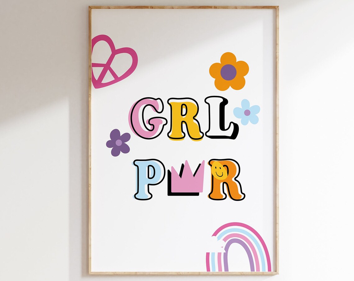 Girl Power Grl Pwr Retro Rainbow Floral Feminist Artwork Poster