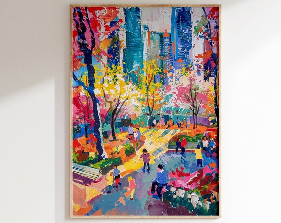 Colorful City Park Skyline Vibrant Modernist Painting Art Poster
