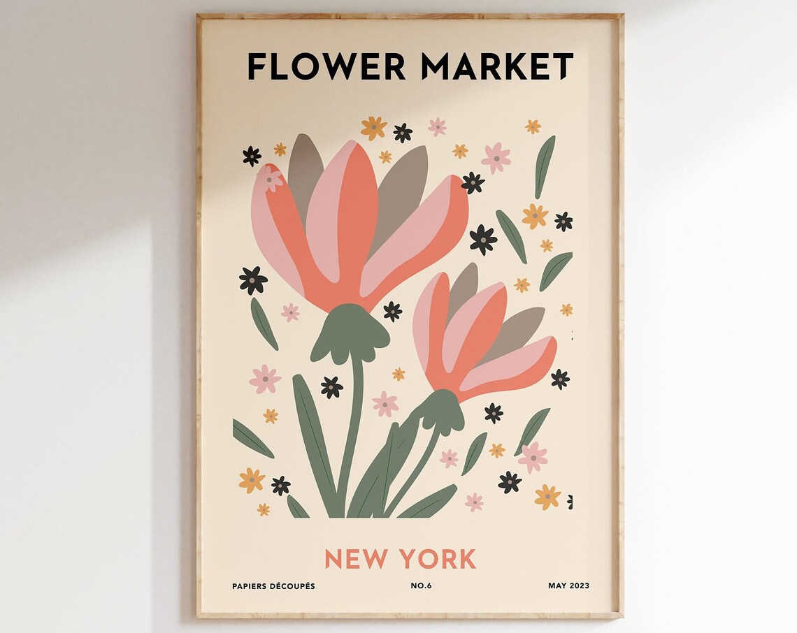 Flower Market New York Coral Tulips Papiers Decoupes Botanical Poster