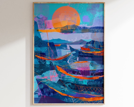 Abstract Fishing Boats Giant Orange Sun Geometric Sea Poster