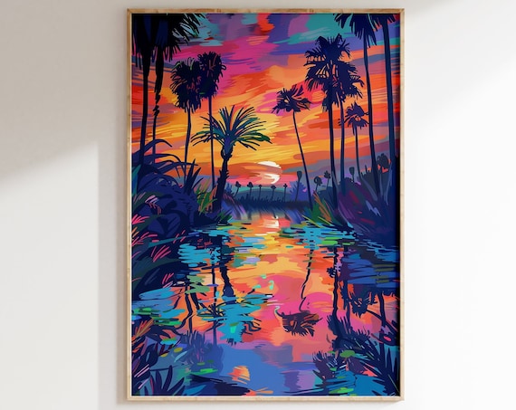 Tropical Palm Silhouette Sunset Lagoon Pop Art Colorful Poster