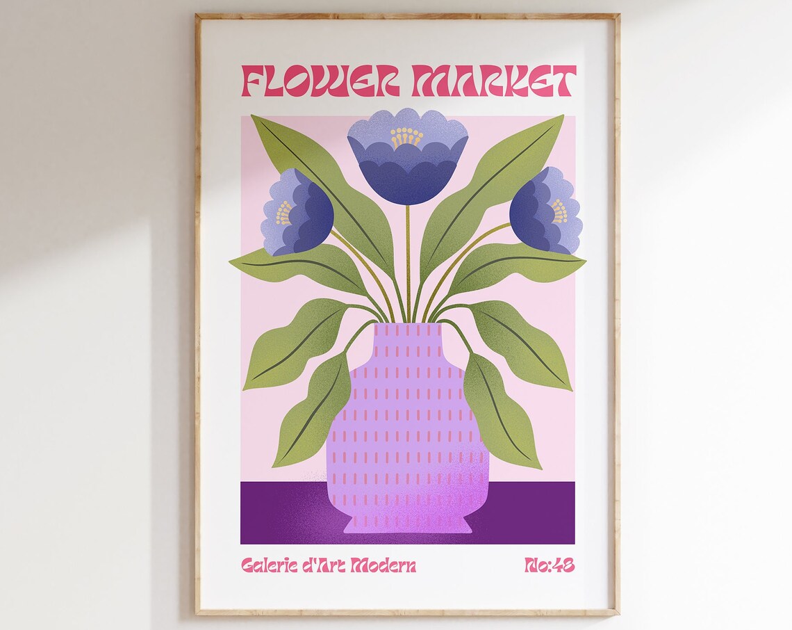 Flower Market No 48 Blue Anemones Lilac Vase Pink Retro Poster