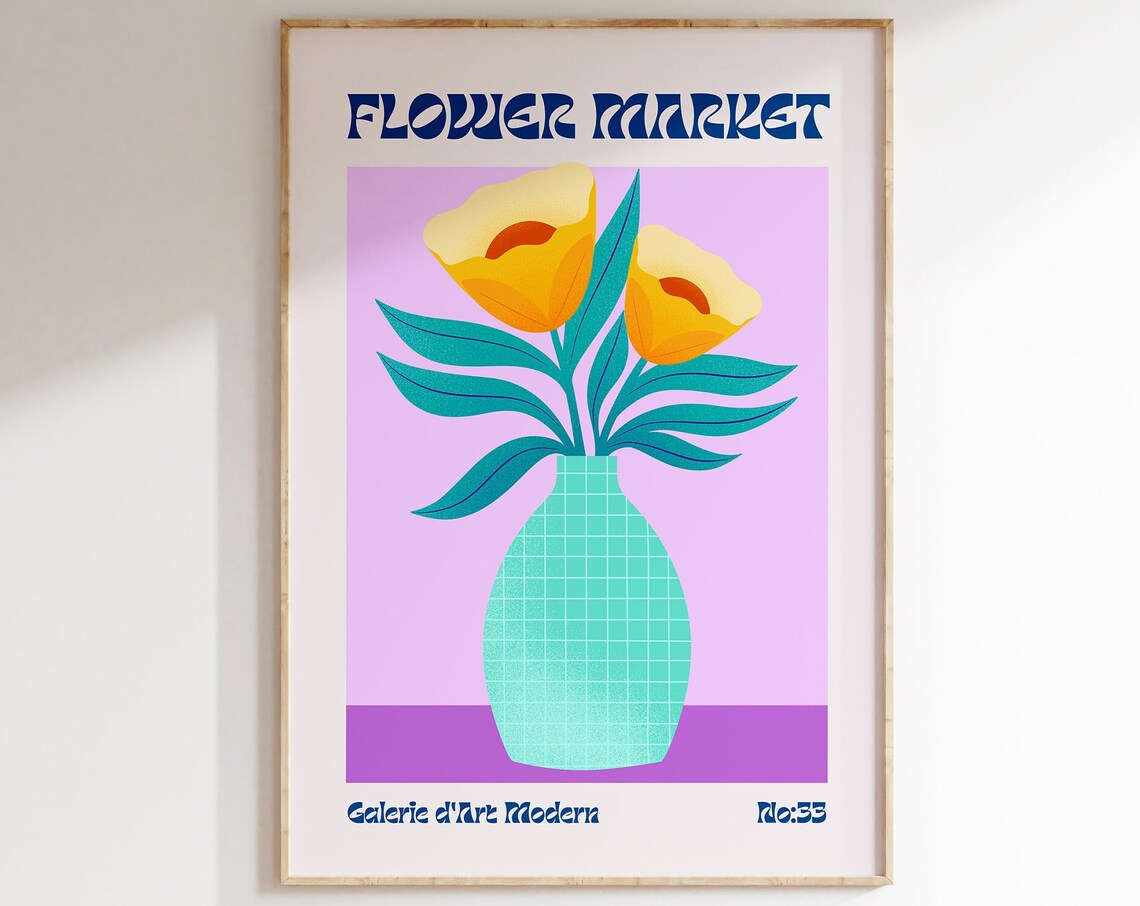 Flower Market No 33 Yellow Blooms Mint Vase Purple Retro Poster