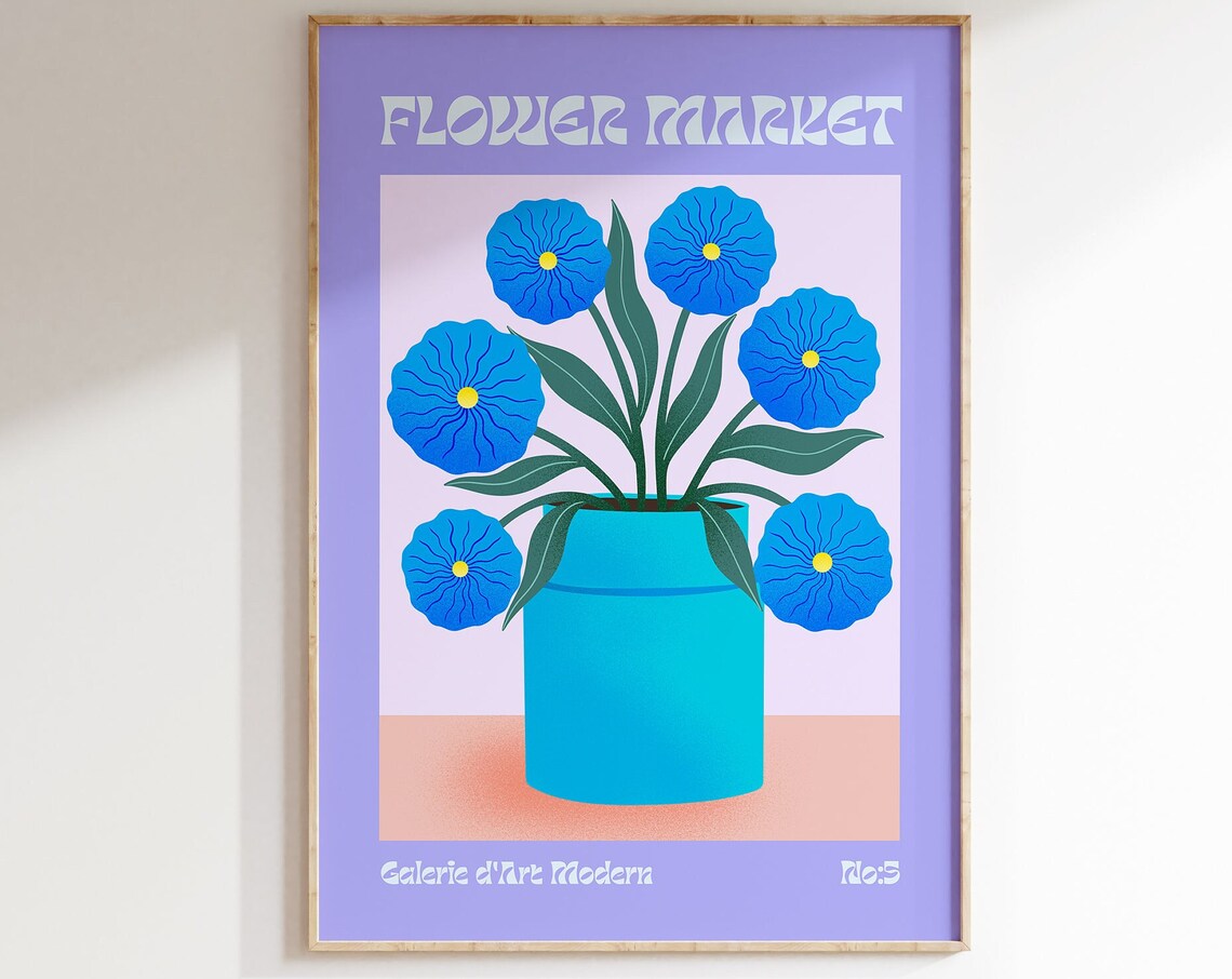 Flower Market No 5 Blue Anemones In Turquoise Vase Art Poster