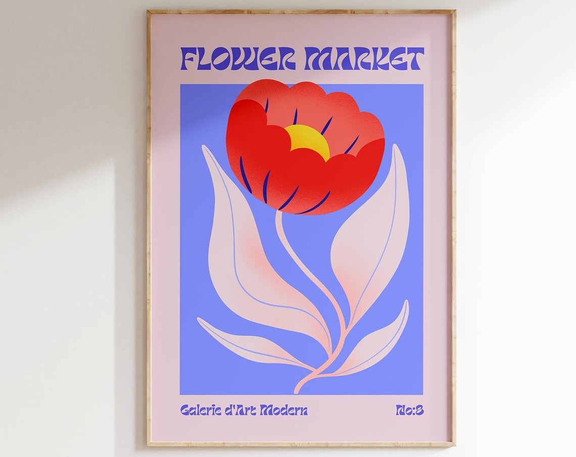 Flower Market No 8 Red Tulip On Purple Retro Botanical Poster