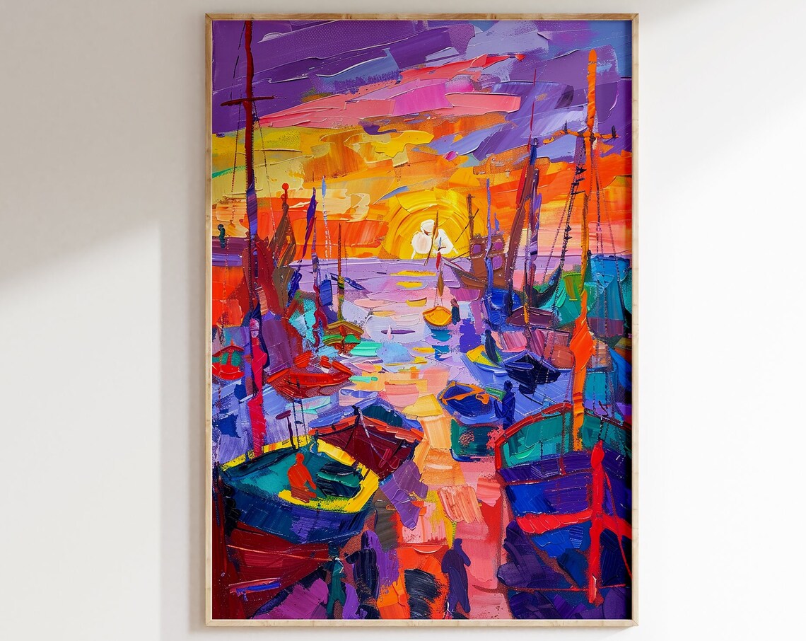 Matisse Inspired Sailboat Harbor Sunset Impasto Colorful Art Poster