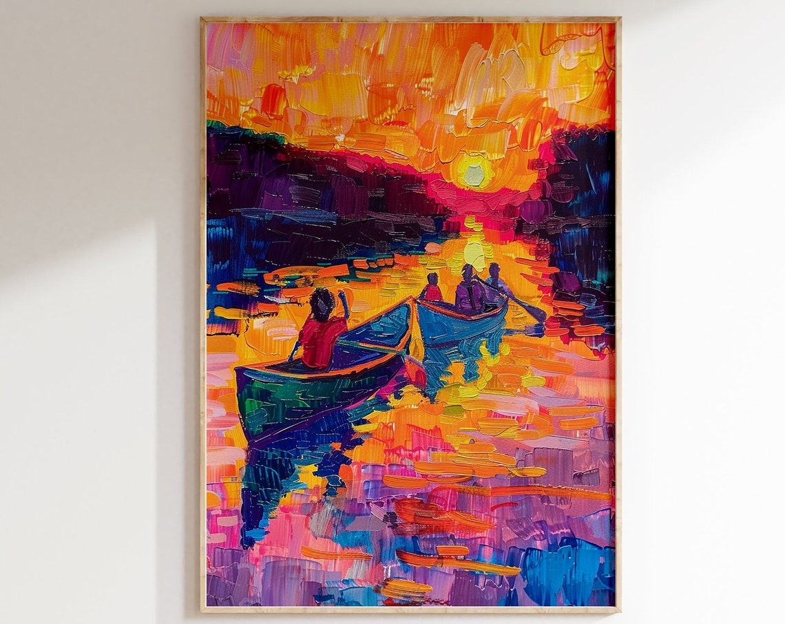 Two Canoes on Golden Water at Sunset Impressionist Painting Poster - Image 5