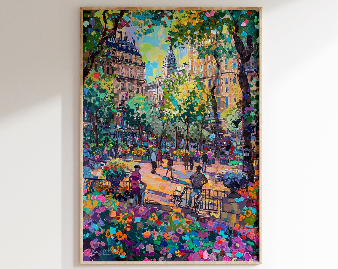 Paris Flower Market Square Mosaic Painting with Cyclists Art Poster