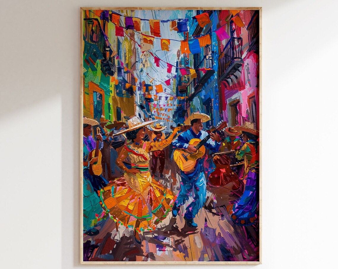 Mexican Fiesta Street with Mariachi Musicians and Dancers Art Poster