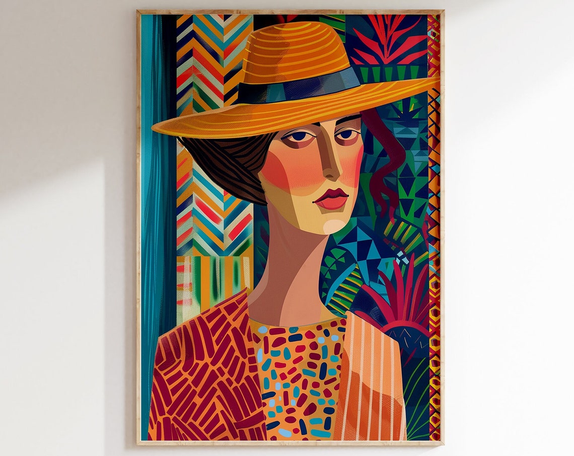 Woman in Straw Hat Geometric Modern Portrait Pattern Art Poster