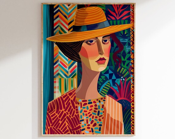 Woman in Straw Hat Geometric Modern Portrait Pattern Art Poster