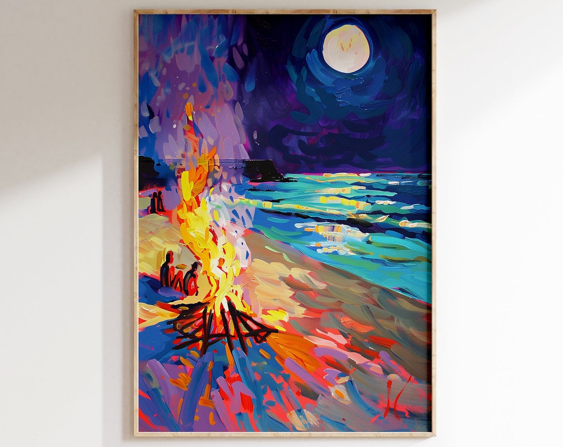 Beach Bonfire at Night Under Full Moon with Colorful Waves Poster - Image 5