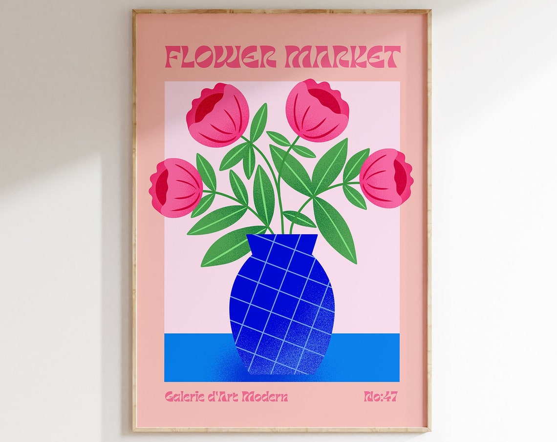 Flower Market No 47 Pink Tulips Blue Grid Vase Peach Art Poster
