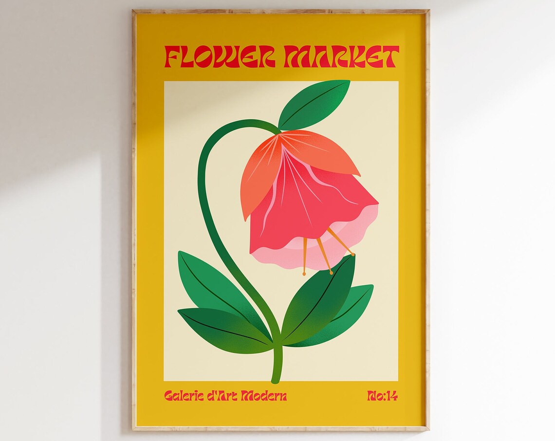 Flower Market No 14 Pink Bell Flower Mustard Retro Art Poster