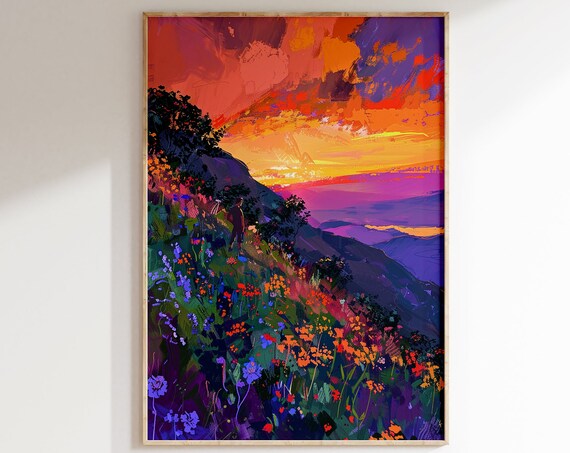 Sunset Over Mountains with Wildflower Meadow and Hiker Art Poster