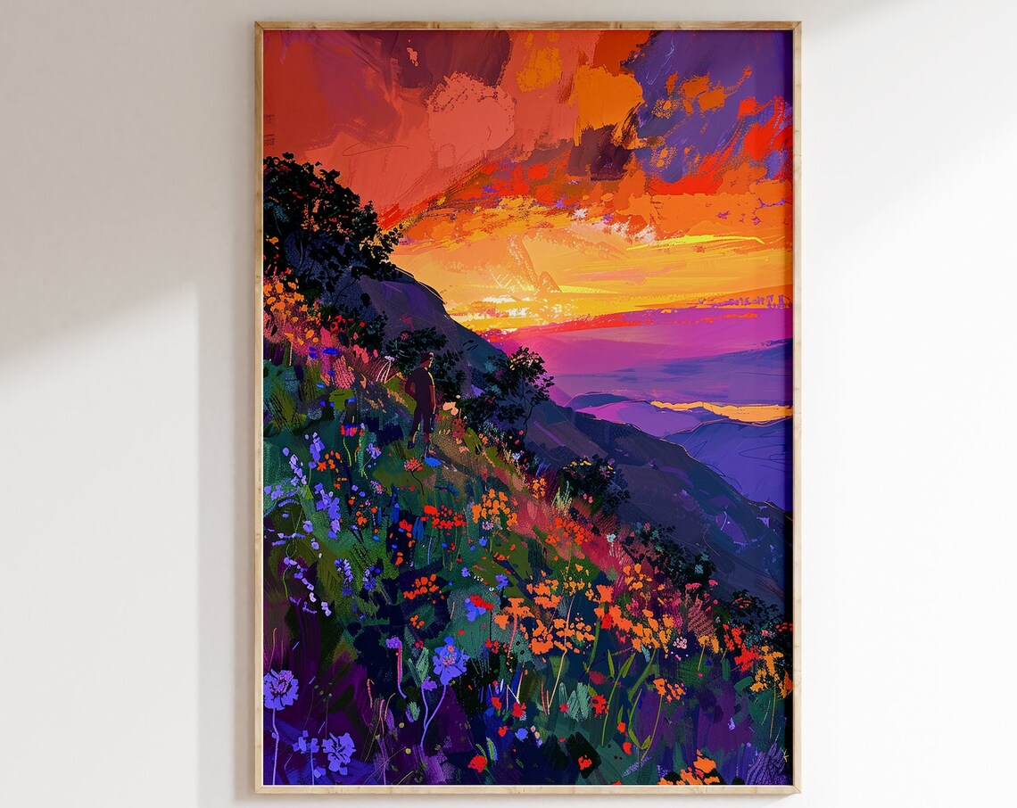 Sunset Over Mountains with Wildflower Meadow and Hiker Art Poster