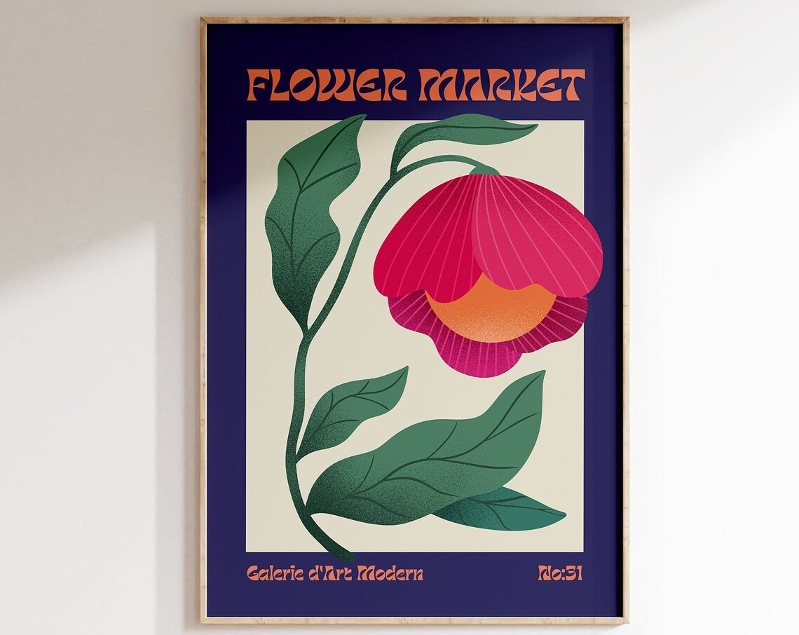 Flower Market No 31 Pink Lantern Bloom Navy Retro Floral Poster