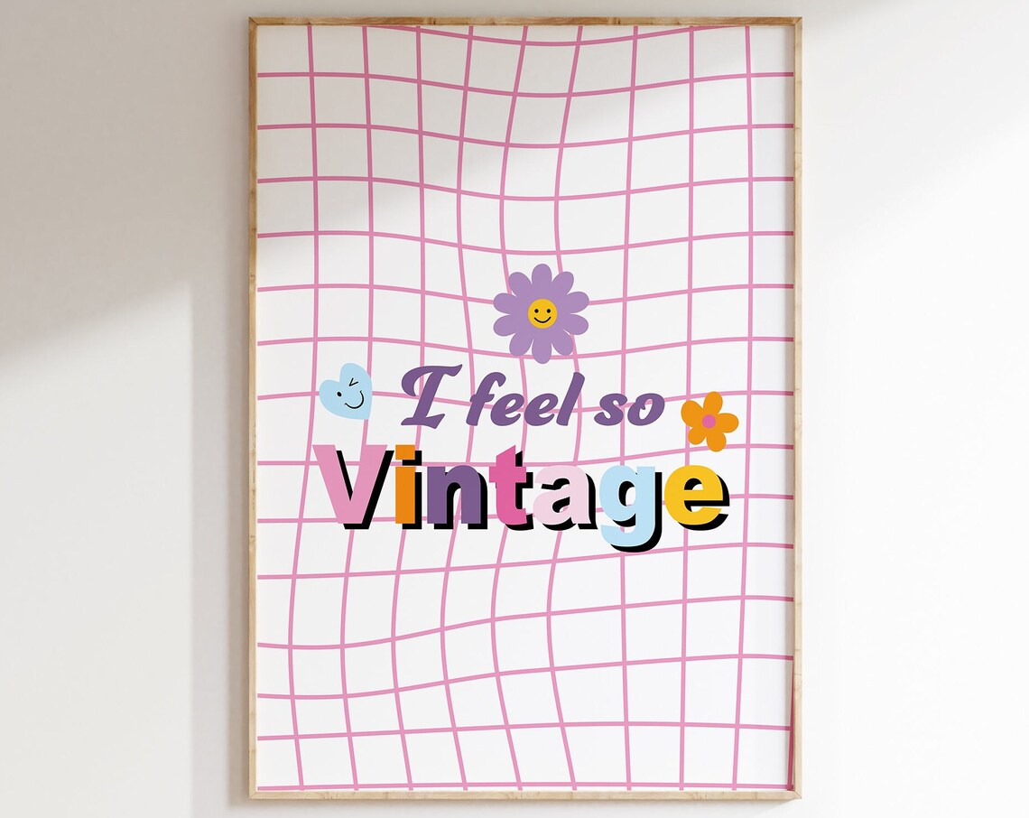 I Feel So Vintage Retro Groovy Pink Grid Floral Artwork Poster
