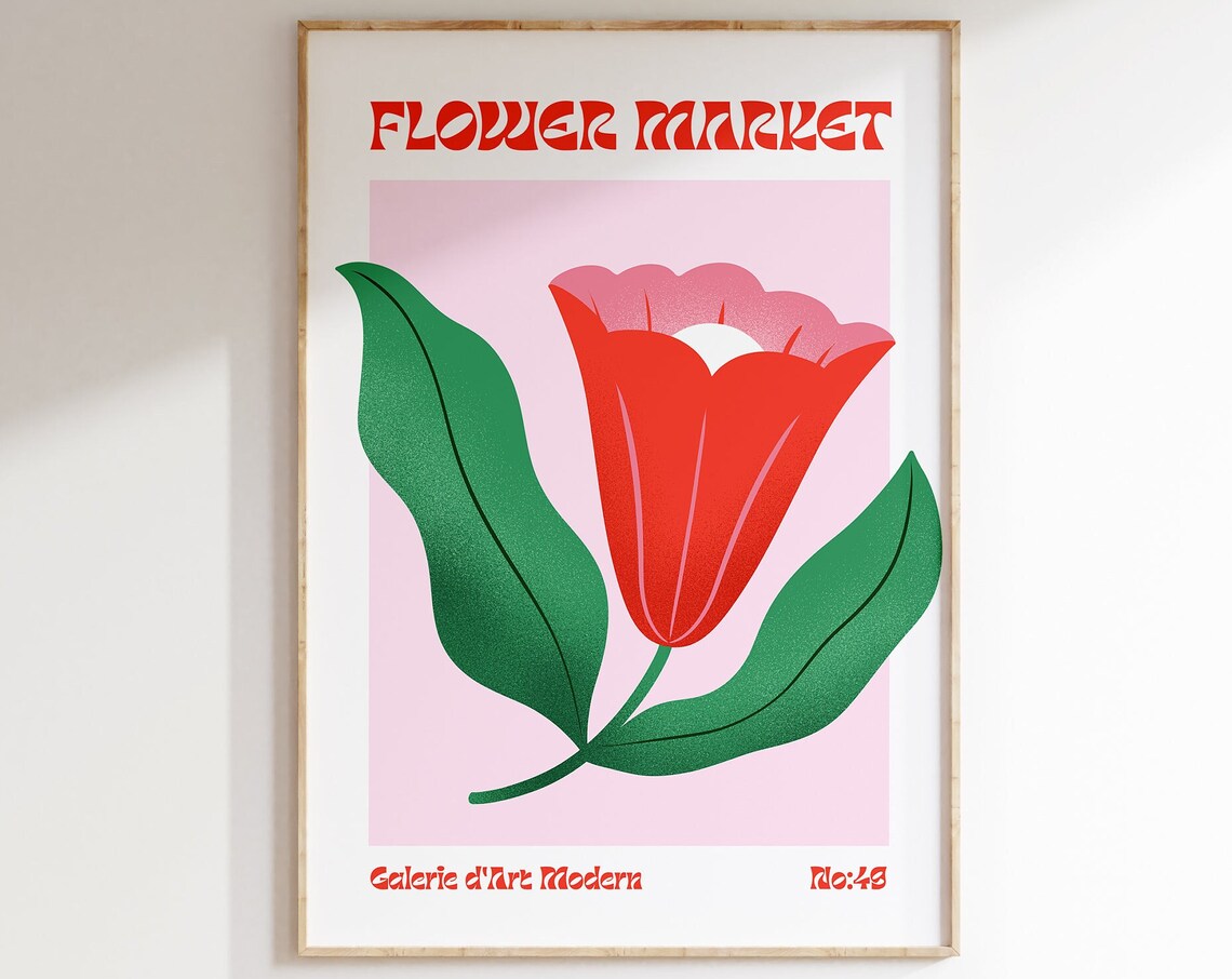 Flower Market No 49 Red Tulip On Pink Retro Botanical Art Poster