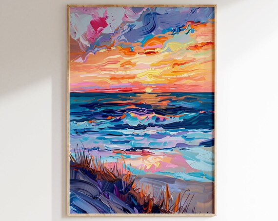 Impressionist Ocean Sunset Waves Beach Dunes Painting Poster