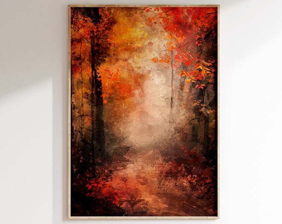 Fiery Autumn Forest Path Red Orange Foliage Dark Moody Poster