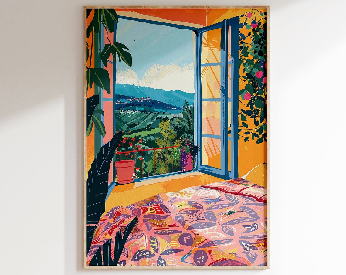 Open Window Balcony Valley View Cozy Travel Illustration Poster