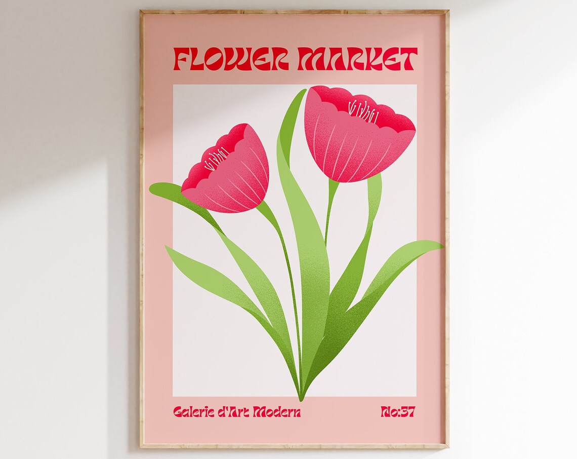 Flower Market No 37 Coral Pink Tulips Blush Retro Floral Poster