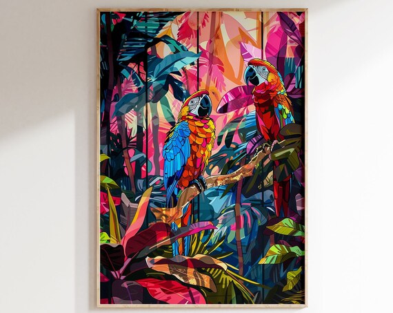 Two Colorful Macaw Parrots in Pink Tropical Foliage Art Poster