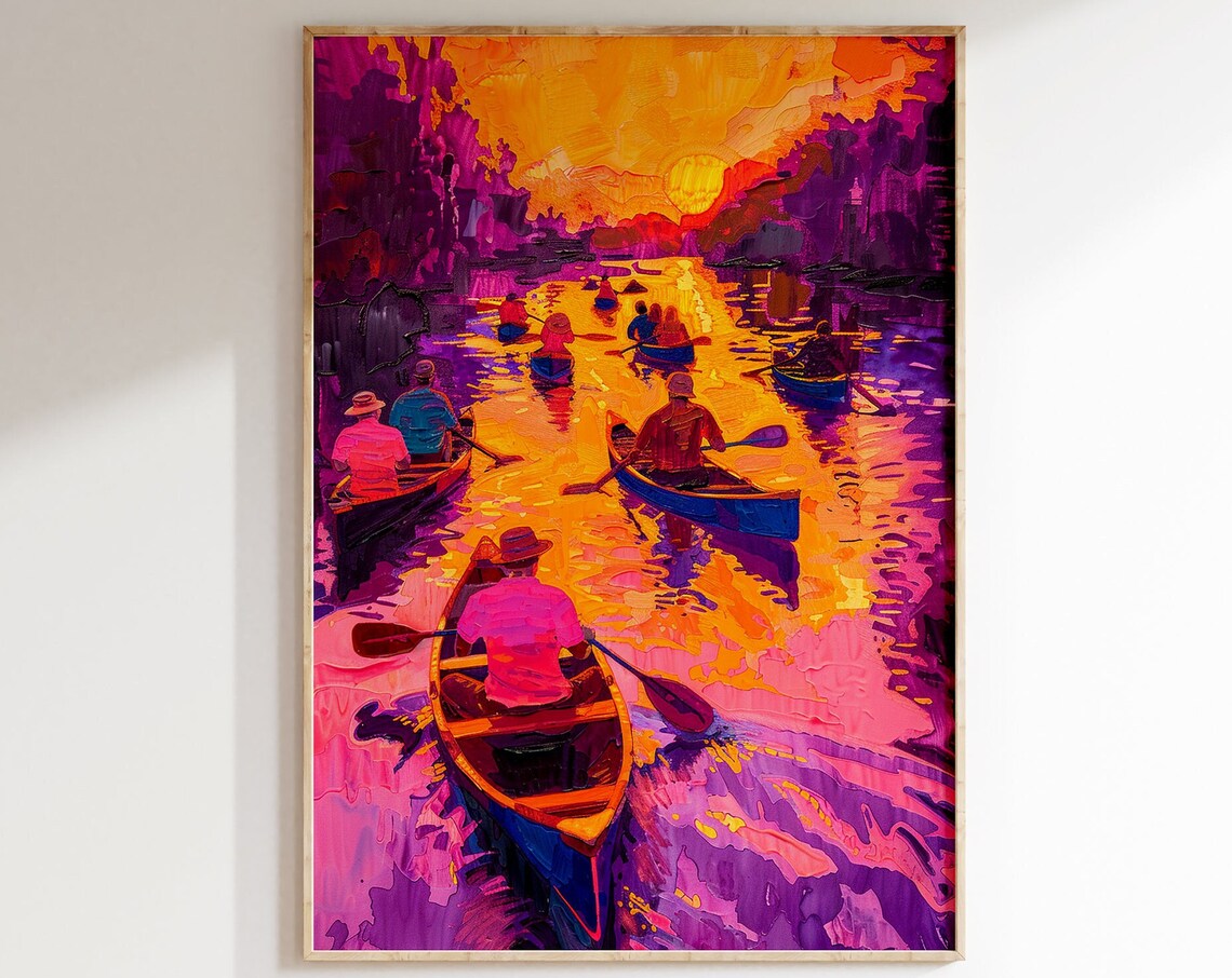 Kayakers on River at Sunset Impressionist Colorful Painting Art Poster - Image 5