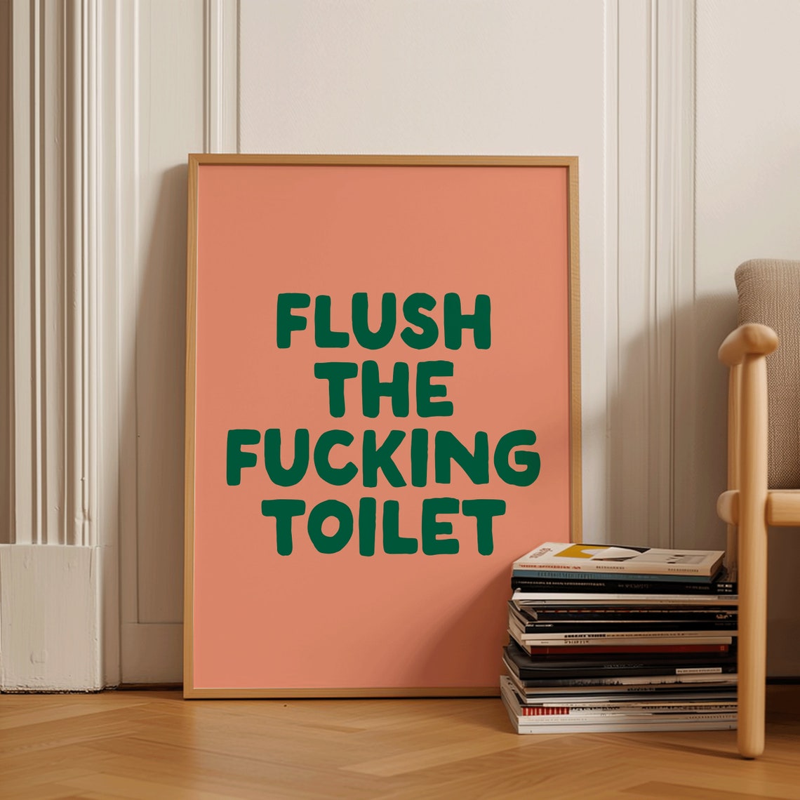 Flush The Fucking Toilet Green Orange Funny Bathroom Art Poster