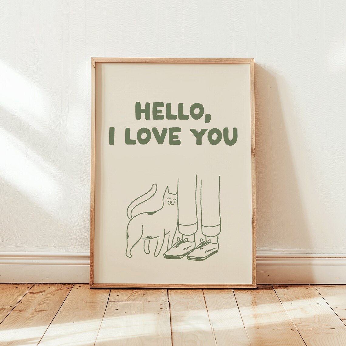 Hello I Love You Sweet Cat Line Art Sage Green Animal Poster - Image 2