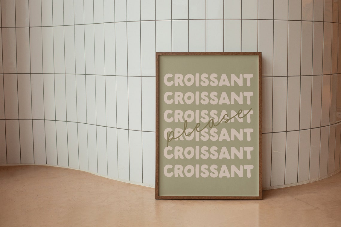 Croissant Please Cream Bubble Letter Olive Green Kitchen Art Poster - Image 2
