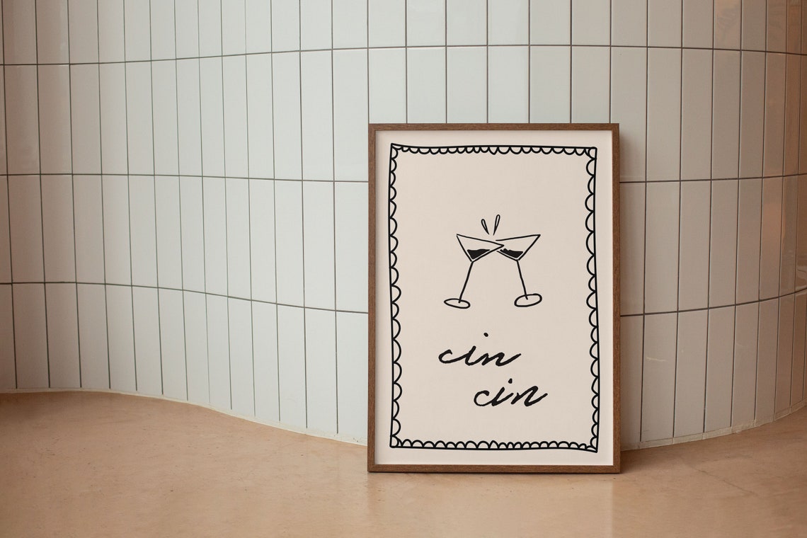 Cin Cin Cheers Martini Glasses Doodle Bar Cart Kitchen Poster - Image 2