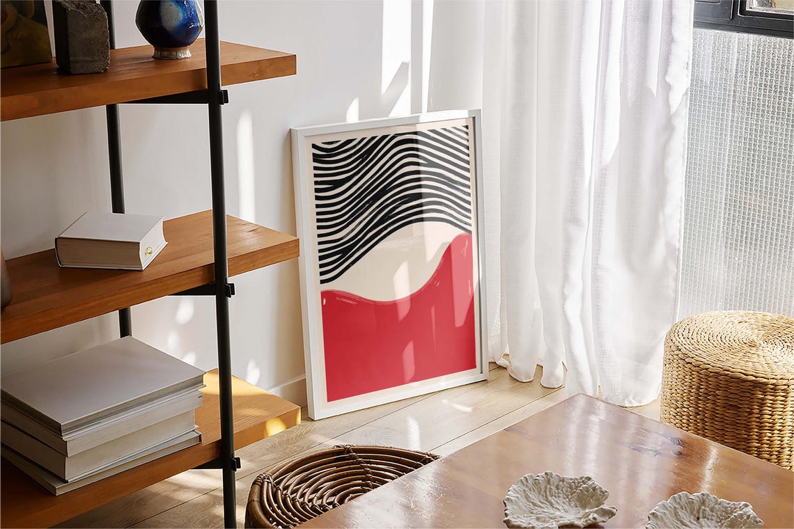 Bold Black Waves Over Red Abstract Mid Century Modern Poster - Image 4