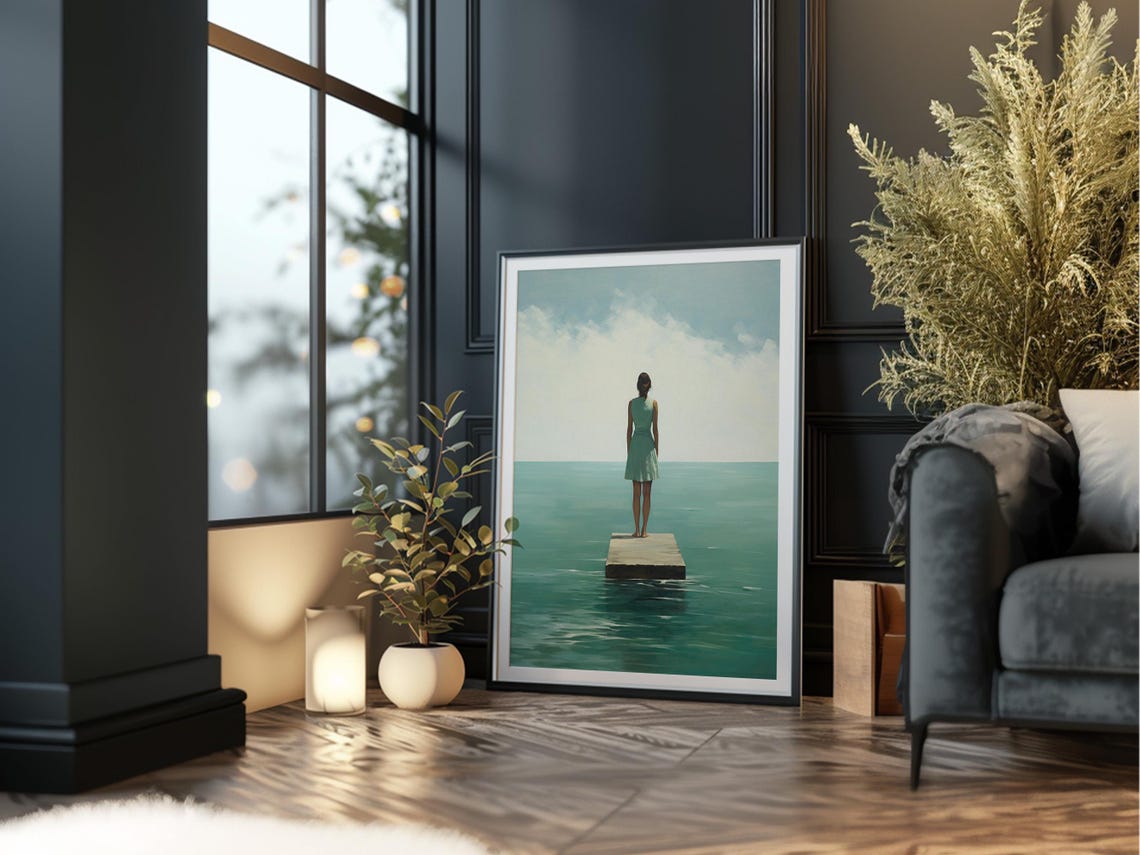 Woman on Dock Overlooking Turquoise Ocean Minimalist Sea Art Print - Image 3