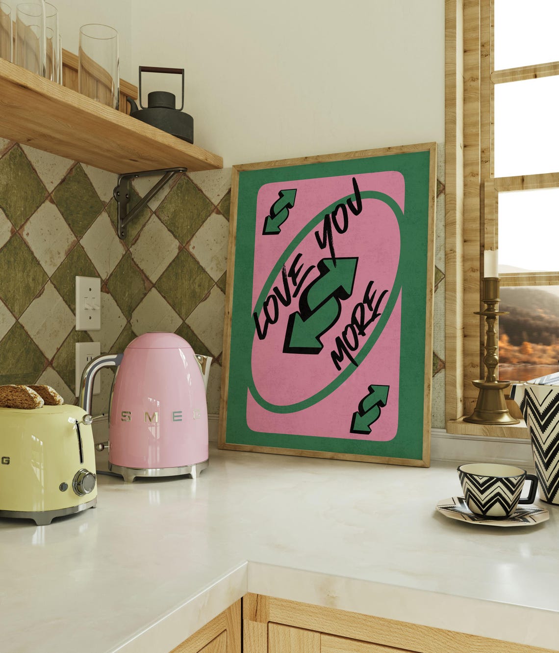 Love You More Pink and Green Playing Card Retro Reverse Trendy Poster - Image 2