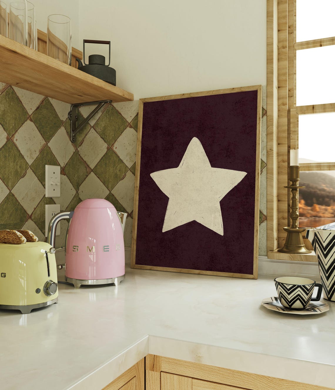 Hand Drawn White Star on Dark Plum Minimal Retro Style Poster - Image 3