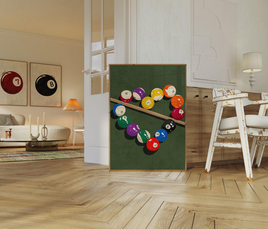Retro Billiard Balls and Cue on Green Table Game Room Poster - Image 2