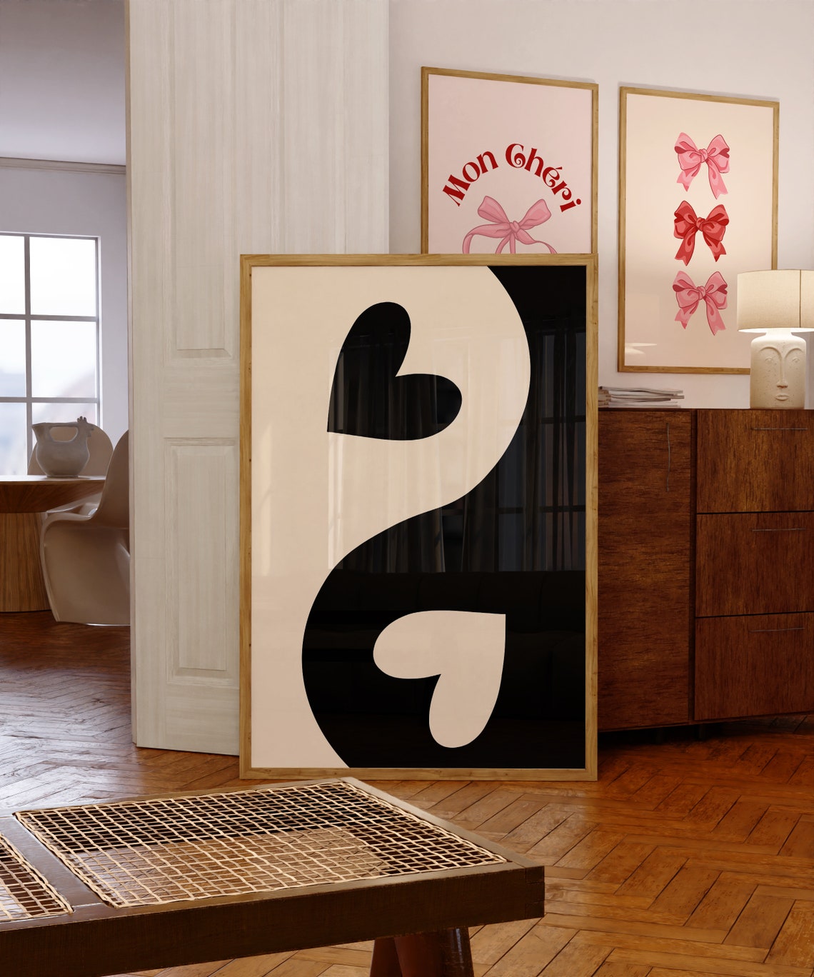 Black and White Yin Yang Hearts Minimalist Abstract Art Poster - Image 4